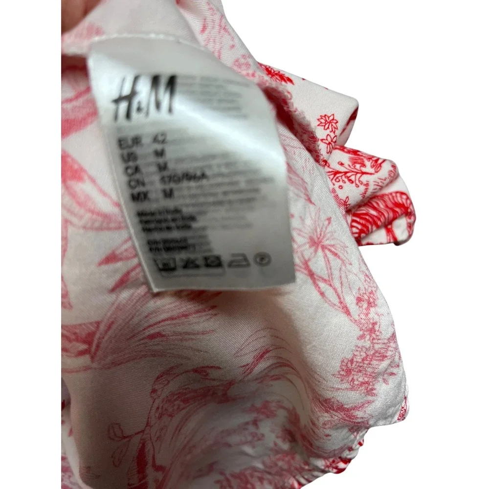 HM LOGG Red White Tropical Toile Tiered Midi Dress‎ V-Neck Drawstring Medium